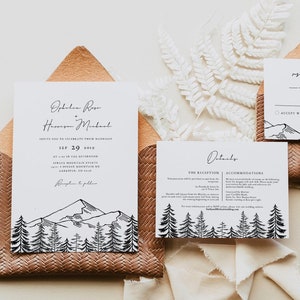 Modello di invito per matrimonio in montagna, invito per matrimonio in montagna minimalista, disegno semplice di montagna in bianco e nero - ANTORA