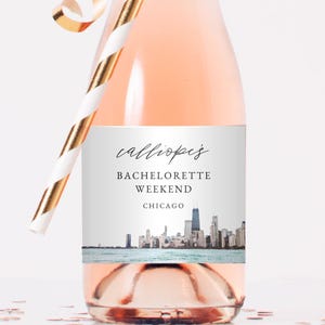 Modelo de rótulo de champanhe para despedida de solteira, aquarela, horizonte de Chicago, rótulo de vinho para despedida de solteira, adesivo de champanhe para festa editável para impressão, CHICAGO