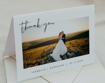 ADELLA Minimalistische Foto Dankeskarte zum ausdrucken, gefaltete Hochzeit Dankeskarte mit Bild, moderne einfache Boho Hochzeitskarte bearbeitbar