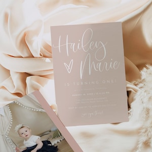 First Birthday Invitation Template, Blush Birthday Invite Instant Download, Dusty Pink 1st Birthday Invitation Printable with Photo JOLIE