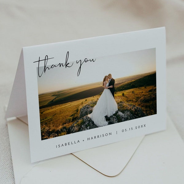 ADELLA Minimalist Photo Thank You Card Printable, Folded Wedding Thank You Card with Picture, Modern Simple Bohemian Wedding Card Editable