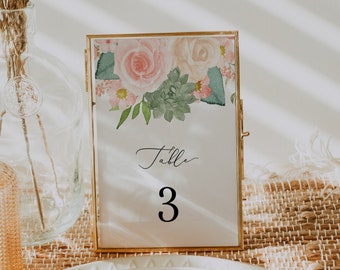 FINLEY | Blush Floral Floral Wedding Table Number Template, Succulent Wedding Table Numbers, Printable Table Numbers, DIY Table Numbers