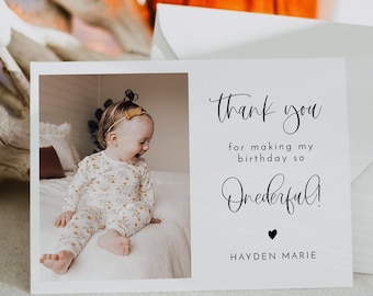 1st Birthday Thank You Card Template, Photo Thank You Card Printable, First Birthday Thank You Card Editable, Onderful Birthday Card JOLIE