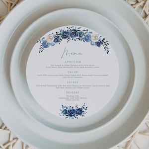 DAKOTA Blue Floral Menu Template, Round Wedding Menu Cards, Dusty Blue Menu Printable, Winter Wedding Menu, Christmas Dinner Menu Instant
