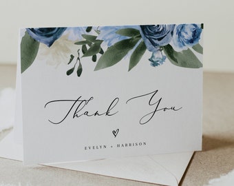 MILENA Blue Floral Thank You Card Template, Printable Folded Thank You Card, Boy Baby Shower Thank You, Custom Thank You Card Templett