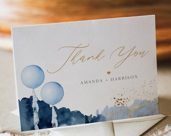 STELLA Blue Balloon Thank You Card Template, Navy and Gold Thank You Card Printable, Boy Baby Shower Thank You Card, Instant Download DIY