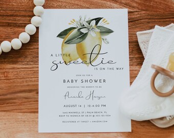 DAHLIA Lemon Baby Shower Invitation Template, Citrus Baby Shower Invite Printable, Lemon Themed Baby Shower Evite, Fruit Baby Shower DIY