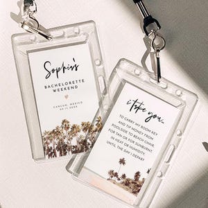 Plantilla de etiqueta para tarjeta de llave de habitación, bolsillo para tarjeta de llave instantánea para despedida de soltera, cordón para tarjeta de llave de hotel para despedida de soltera en la playa, despedida de soltera tropical - SOPHIA