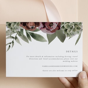 Modèle de carte de détails de mariage floral et succulent AVA Bourgogne, carte de clôture d'informations sur le mariage dans le désert, encart imprimable d'invitation