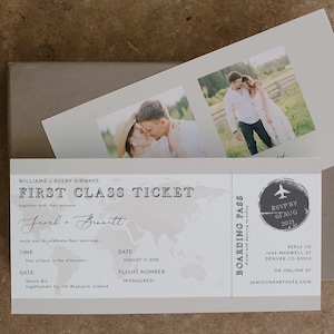 Plantilla de invitación de boda con tarjeta de embarque, invitación de boda de destino, invitación de boda de viaje, invitación de boda con foto de avión CARMEN