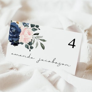 CADENCE Blush and Navy Wedding Place Card Template, Navy and Blush Floral Wedding Place Card Template, Wedding Place Card, Floral Escort