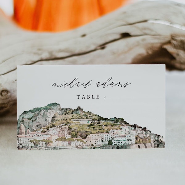 Plantilla de tarjeta de lugar de la COSTA DE AMALFI, tarjeta de lugar del horizonte de Amalfi, tarjetas de lugar de boda de destino imprimibles, aventura de boda italiana en el extranjero