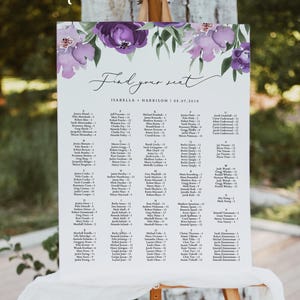 Plantilla de plano de asientos alfabético con flores moradas, letrero de plano de asientos para bodas en tonos lavanda, encuentre su asiento, diseño de asientos para bodas en tonos lilas DIY - LILAH