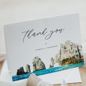Dankeskartenvorlage, druckbare Dankeskarte, Aquarell Cabo Ozean Skyline Dankeskarte, Hochzeit Bachelorette Instant Tropical CABO