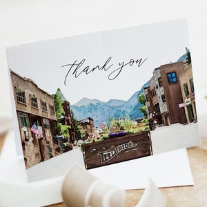 Plantilla de tarjeta de agradecimiento de TELLURIDE COLORADO, tarjeta de agradecimiento imprimible con diseño de montaña en acuarela, tarjeta de agradecimiento para bodas de destino
