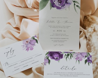 Conjunto de invitaciones de boda moradas, conjunto imprimible de invitaciones de boda lavanda, plantillas de invitaciones de boda lilas, boda floral morada LILAH