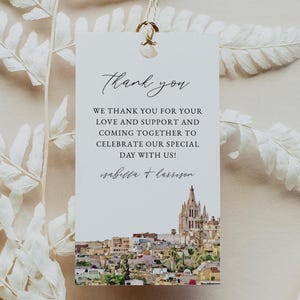Plantilla de etiqueta de regalo de SAN MIGUEL, etiqueta de regalo imprimible con el horizonte de San Miguel, etiqueta de regalo de boda en México, destino de ciudad, aventura, boda instantánea