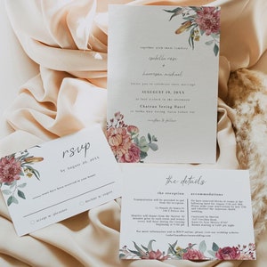 Australian Wedding Invitation Template Suite, Australian Flowers Wedding Invite, Protea Wedding Invitation Printable, Burgundy Floral MARGOT