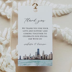 Modello di etichetta per bomboniere, etichetta regalo stampabile con skyline di Chicago, etichetta per bomboniere per matrimonio a Chicago, matrimonio fai da te con destinazione in città Chi Town - CHICAGO