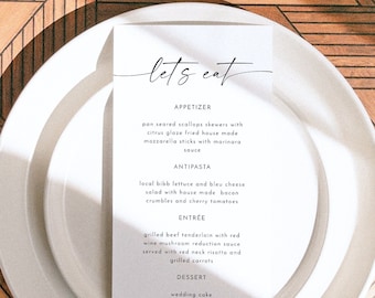 BLAIR Minimalist Hochzeitsmenü Vorlage, Modernes Hochzeitsmenü, Boho Let&#39;s Eat Hochzeitsmenükarte