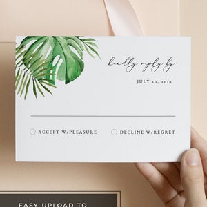 Plantilla de tarjeta RSVP para boda tropical, tarjeta RSVP imprimible, tarjeta RSVP para boda en la playa, tarjeta de respuesta para boda con hojas de palmera, CORA editable al instante