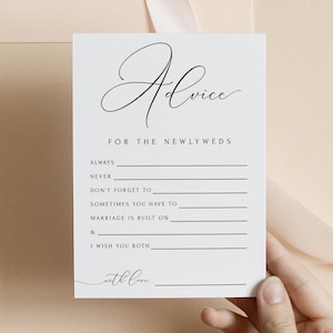 Modèle de carte de conseils élégants pour jeunes mariés Script minimaliste carte de conseils pour douche nuptiale imprimable Jeux de douche pour couples modifiables ASHER