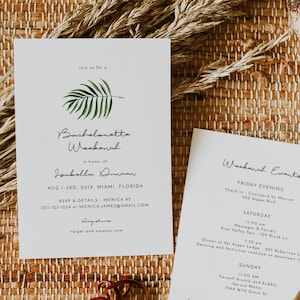 CATE Modern Palm Bachelorette Invitation & Itinerary Template, Palm Leaf Bachelorette Invite, Tropical Bachelorette, Beach Bachelorette