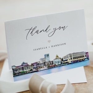 Plantilla de tarjeta de agradecimiento de SAVANNAH, Georgia, tarjeta de agradecimiento imprimible con el horizonte de Savannah en acuarela, destino de viaje con temática de aventura, bricolaje