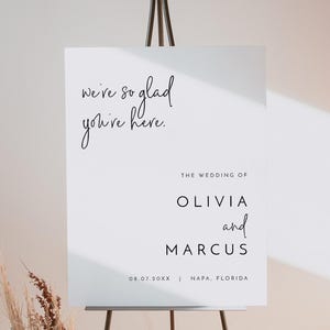 Plantilla de letrero de bienvenida de boda minimalista moderno Nos alegramos de que estés aquí Cartel de bienvenida de boda Letrero de boda simple - REECE