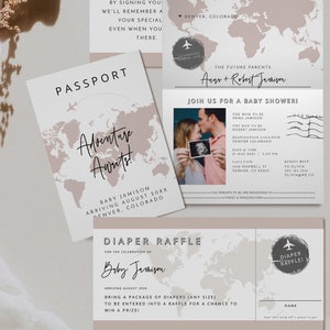 Plantilla de invitación para baby shower con pasaporte de QUINN, invitación imprimible para baby shower con temática de aventuras, colores editables para baby shower con tarjeta de embarque