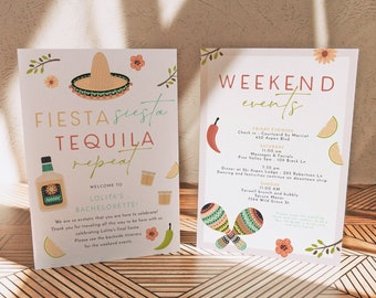 May include: Two cards with a fiesta theme. The first card says "Fiesta Siesta Tequila Repeat" and has a welcome message for Lolita's Bachelorette. The second card lists weekend events with times and locations. Both cards have a colorful Mexican theme with flowers, maracas, and a sombrero.