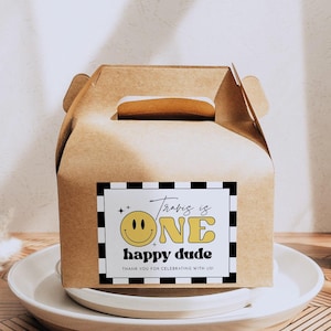 Gable Box Sticker Template, One Happy Dude First Birthday Gable Box Favor Sticker, Grunge Yellow Emoji Happy Face Birthday DIY - TRAVIS