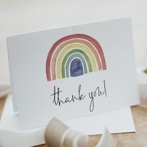 Rainbow Thank You Card Template, Muted Tone Rainbow Thank You Card Printable, Baby Shower Thank You, Gender Neutral Rainbow Baby DIY ASHA