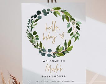 Grünes Babyparty Willkommensschild Vorlage, Grünes und Gold Babyparty Poster, Geschlechtsneutral Boho Garten Babyparty Poster DIY LIV