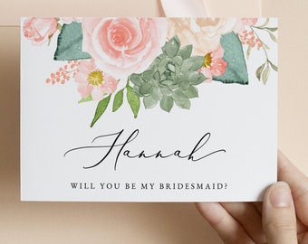 FINLEY | Blush Bridesmaid Proposal Card Template, Peach Floral Bridesmaid Proposal, Succulent Bridesmaid Proposal, Desert Bridesmaid Card