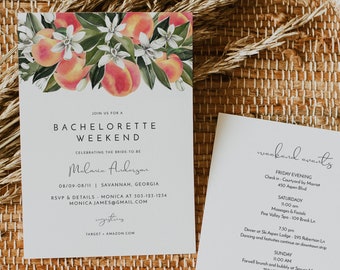 Plantilla de invitación e itinerario para despedida de soltera con sabor a durazno de SAVANNAH, invitación imprimible para despedida de soltera con sabor a durazno de Georgia, invitación con sabor a fruta sureña