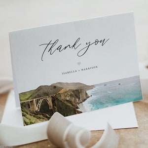 Modelo de cartão de agradecimento BIG SUR, cartão de agradecimento para impressão, cartão de agradecimento em aquarela do litoral de Big Sur, despedida de solteira instantânea na praia