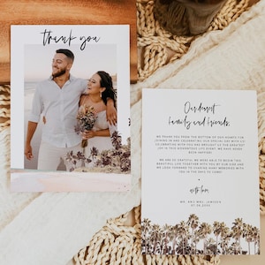 Plantilla de tarjeta de agradecimiento con foto de SOPHIA, nota de agradecimiento imprimible para boda en la playa, carta de agradecimiento para boda en el océano tropical, carta de agradecimiento con palmeras