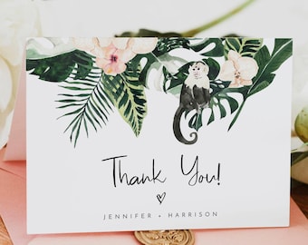 Girl Safari Themed Thank You Card Template, Girl Jungle Baby Shower Thank You Printable, Pink Hibiscus Thank You Card Cards Editable - AMARA