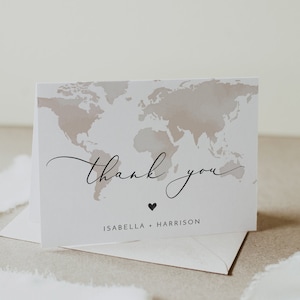 Watercolor Map Thank You Card Template, Destination Wedding Thank You Card, Printable Travel Thank You Card, Templett Thank You CARMEN