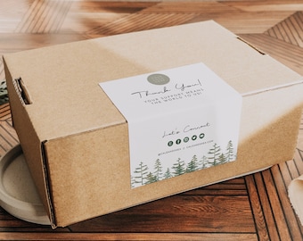 Plantilla de sello de caja de MADERA imprimible, pegatina de embalaje de marca de árbol de pino de acuarela, sello de caja gracias pegatina bosque rústico Boho DIY