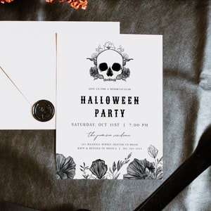 NOVA Halloween Invitation, Halloween Invite, Skull Halloween Party Invitation, Halloween Evite, Black Floral Lace All Hallows Eve Invite