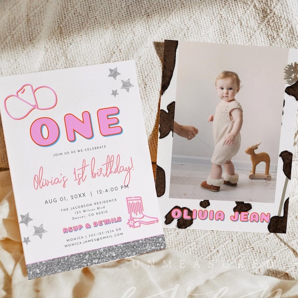 DINA Space Cowgirl First Birthday Invitation Template, Cowgirl 1st Birthday Invitation Instant Download, Disco Cowgirl Retro Cowhide Instant