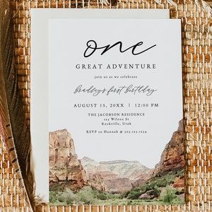ZION First Birthday Invitation Template, Zion National Park Watercolor Skyline Birthday Party Invite, One Great Adventure Utah Desert Invite