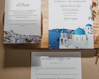 Santorini Wedding Invitation Template Suite, Santorini Wedding Invite Set, Greek Wedding Invitation, Greece Wedding Watercolor Skyline Evite