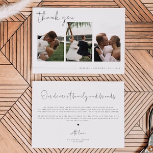 Tarjeta de agradecimiento minimalista con 3 fotos para imprimir, tarjeta de agradecimiento con foto de boda moderna instantánea, tarjeta de agradecimiento bohemia sencilla para hacer tú mismo horizontal ADELLA