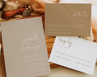 Plantilla de invitación de boda bohemia, conjunto de invitaciones de boda bohemia imprimibles, invitaciones de boda beige, crema y gris topo (DIY INDIE)