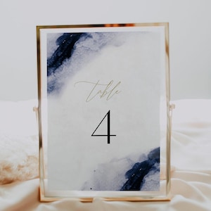 Abstract Navy and Gold Table Number Template, Watercolor Navy Wedding Table Numbers, Blue Wedding Table Number Cards, Templett Cards - ANYA