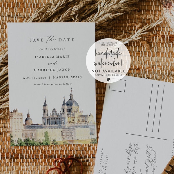 MADRID Save the Date Template, Madrid Postcard Save the Date, Madrid Wedding Save the Date Instant Download, Spain Save the Date Printable