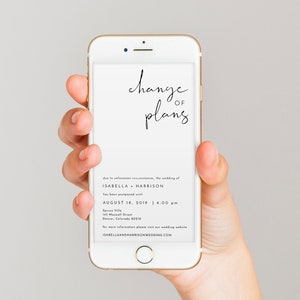 Minimalistische wijziging van plannen uitnodigingssjabloon, wijziging van plannen tekstbericht uitnodiging, wijziging van plannen kaart, wijziging trouwdatum